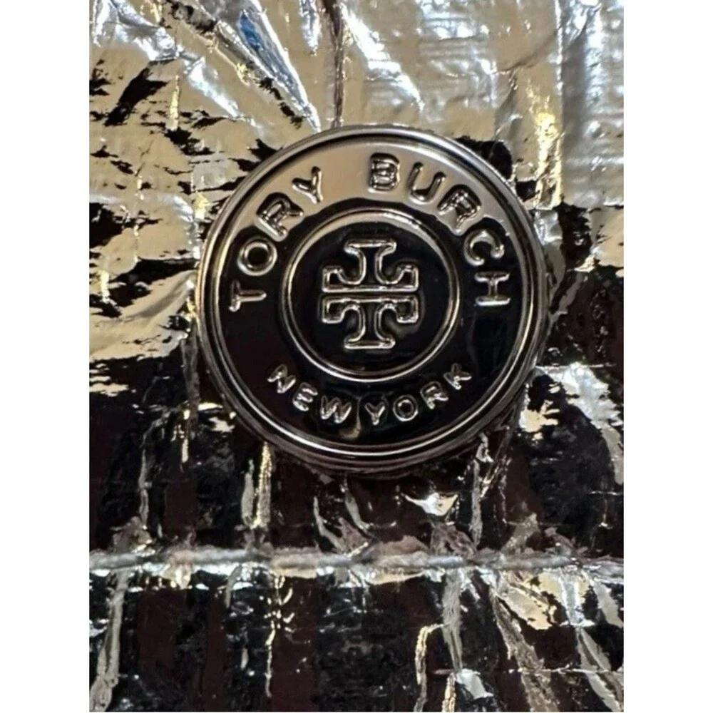 Tory Burch Metallic Silver Sublime Tote Bag with Patterned Straps